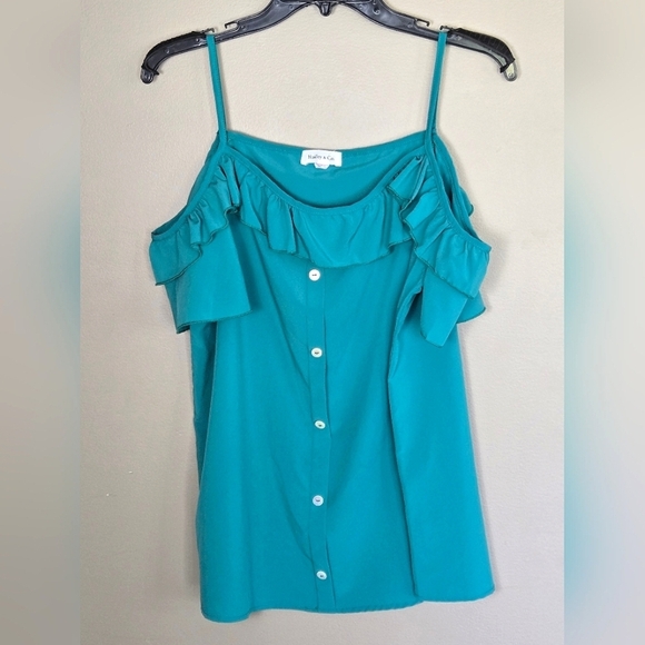 Hailey & Co Ruffle Cold Shoulder Teal Top Blouse, Size Large - Picture 1 of 4